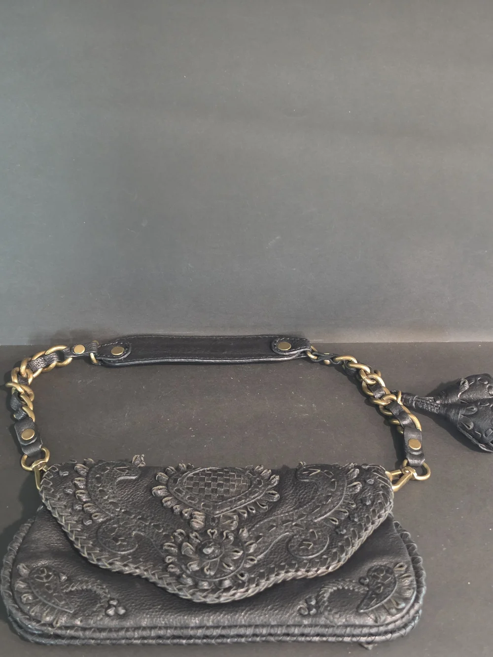 Black Embossed Leather Wristlet Clutch with Chain Strap